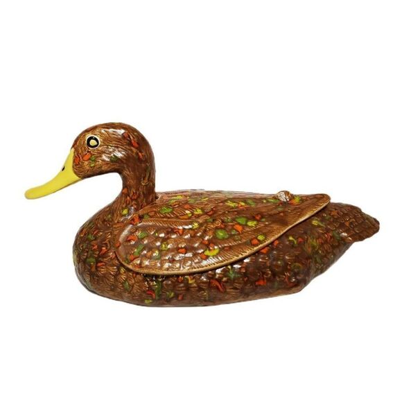 Vintage 70's HOLLAND MOLD Lidded Ceramic Trinket Coin Decoy Duck Bowl MCM brown - Picture 1 of 7